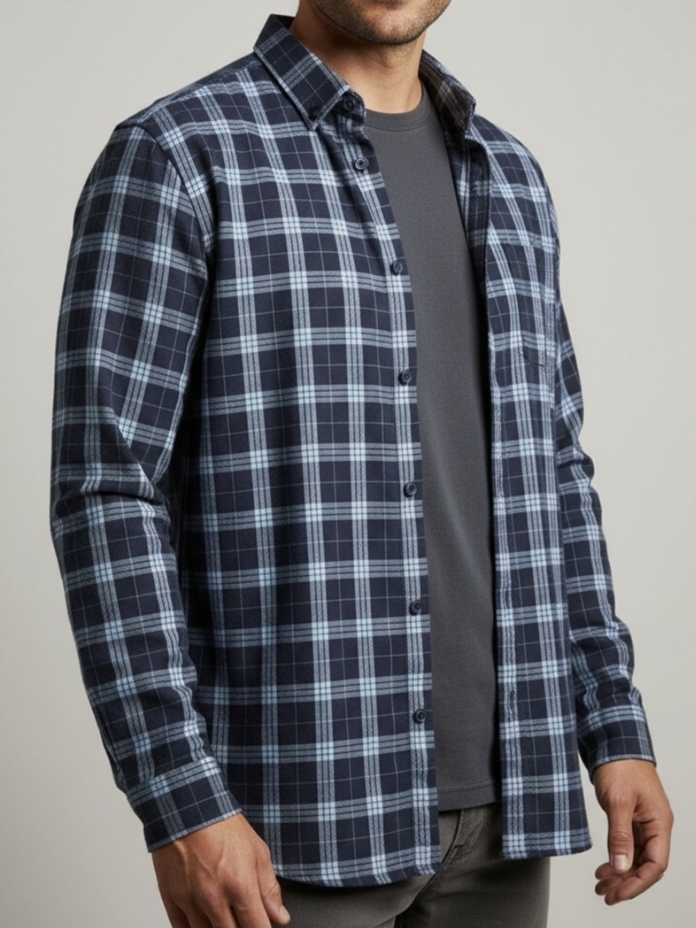Classic Navy & Light Blue Plaid Button-Down Shirt